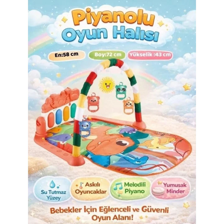 Dinozorlu Güneşli Piyanolu Bebek Oyun Halısı, Eğitici Oyuncak, Pembe