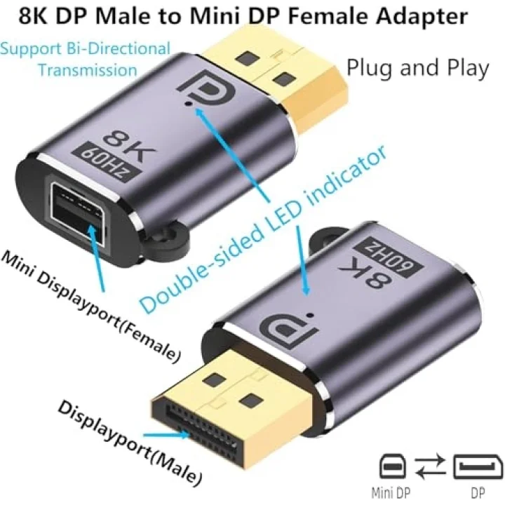 DisplayPort to Mini DisplayPort Çevirici 8K 60Hz Ultra HD Görüntü Aktarıcı DP Adaptör Yüksek Hızlı Stabil Bağlantı Tak Çalıştır Laptop Monitör Projeksiyon Uyumlu (ZR1220 Mini DP to DP)