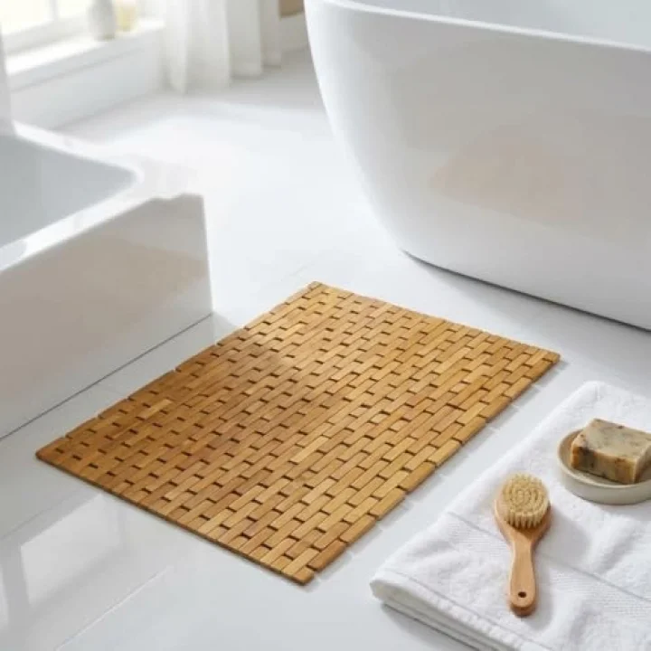 Doğal Bambu Banyo Paspası (42x62 cm) - Suya Dayanıklı Ahşap Duş Önü Paspas Spa ve Sauna Tipi Izgaralı Banyo Matı