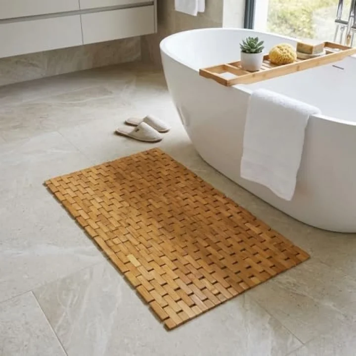 Doğal Bambu Banyo Paspası (42x62 cm) - Suya Dayanıklı Ahşap Duş Önü Paspas Spa ve Sauna Tipi Izgaralı Banyo Matı