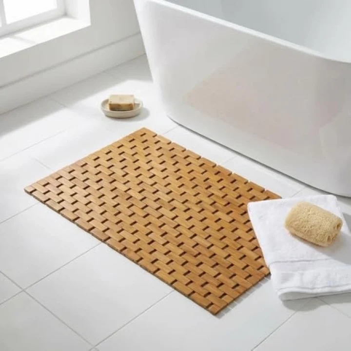 Doğal Bambu Banyo Paspası (42x62 cm) - Suya Dayanıklı Ahşap Duş Önü Paspas Spa ve Sauna Tipi Izgaralı Banyo Matı