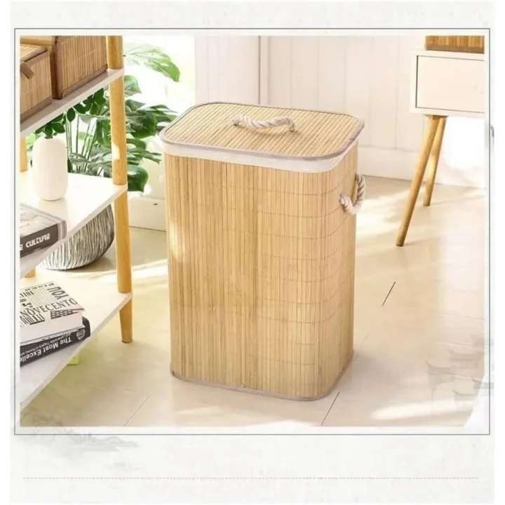 Doğal Bambu Katlanabilir Kirli Çamaşır Sepeti, Yıkanabilir Çıkarılabilir Astar Torbalı, Sele Görünümlü Şık ve Dayanıklı Çamaşır Sepeti, Kapaklı ve Ergonomik Tasarım (Dikdörtgen)
