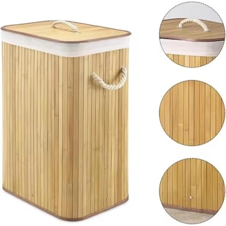 Doğal Bambu Katlanabilir Kirli Çamaşır Sepeti, Yıkanabilir Çıkarılabilir Astar Torbalı, Sele Görünümlü Şık ve Dayanıklı Çamaşır Sepeti, Kapaklı ve Ergonomik Tasarım (Dikdörtgen)