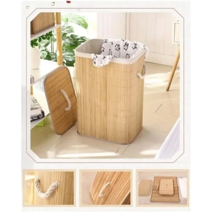 Doğal Bambu Katlanabilir Kirli Çamaşır Sepeti, Yıkanabilir Çıkarılabilir Astar Torbalı, Sele Görünümlü Şık ve Dayanıklı Çamaşır Sepeti, Kapaklı ve Ergonomik Tasarım (Dikdörtgen)