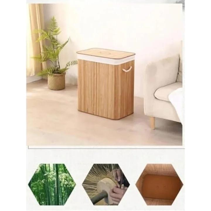 Doğal Bambu Katlanabilir Kirli Çamaşır Sepeti, Yıkanabilir Çıkarılabilir Astar Torbalı, Sele Görünümlü Şık ve Dayanıklı Çamaşır Sepeti, Kapaklı ve Ergonomik Tasarım (Dikdörtgen)