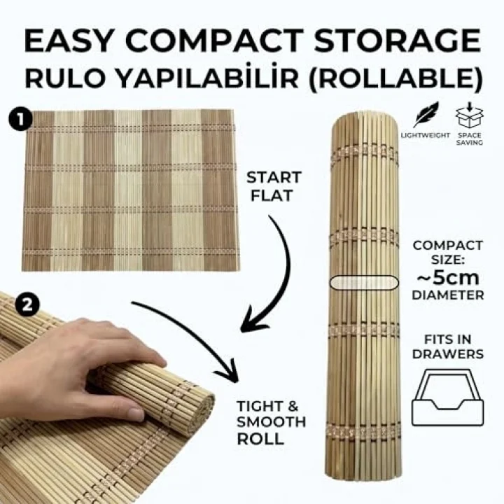 Doğal Bambu Servis Matı, Rulo Yapılabilir, Isı ve Çizilme Korumalı, Pamuk Dokuma, Kaymaz Sofra Altlığı (Açık Kahve)