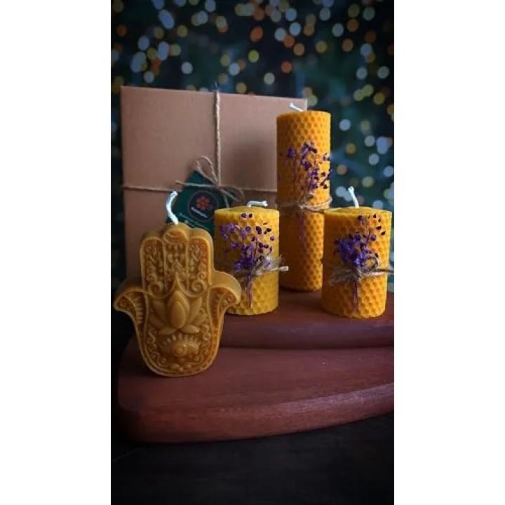 Doğal Petek Balmumu Mum Hediyelik Dekoratif Set Hamse Bereket Eli Beeswax Canle Gift Set
