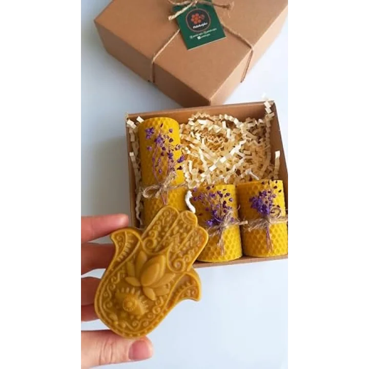 Doğal Petek Balmumu Mum Hediyelik Dekoratif Set Hamse Bereket Eli Beeswax Canle Gift Set
