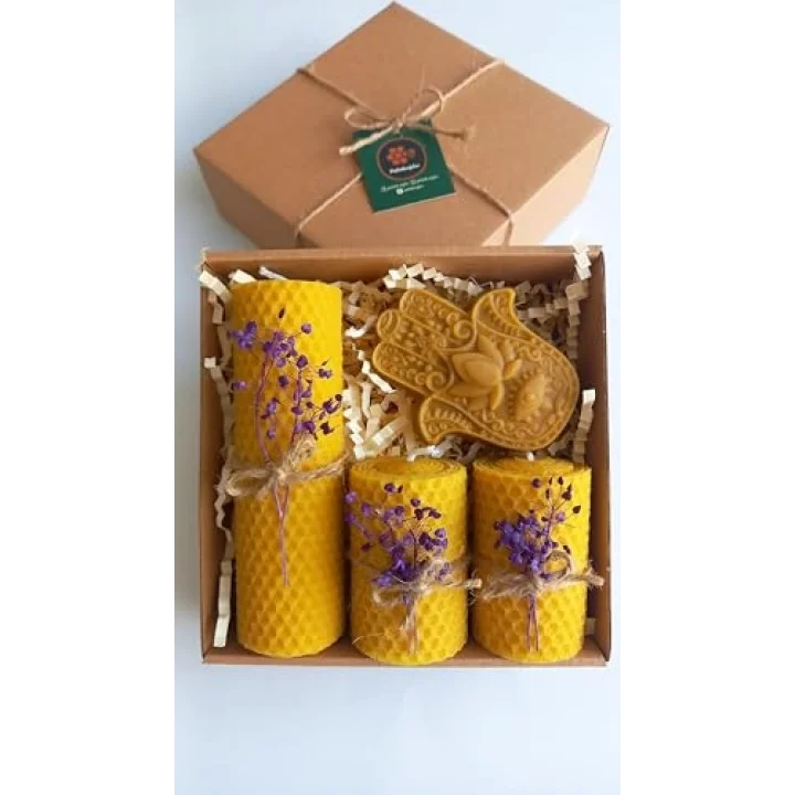 Doğal Petek Balmumu Mum Hediyelik Dekoratif Set Hamse Bereket Eli Beeswax Canle Gift Set