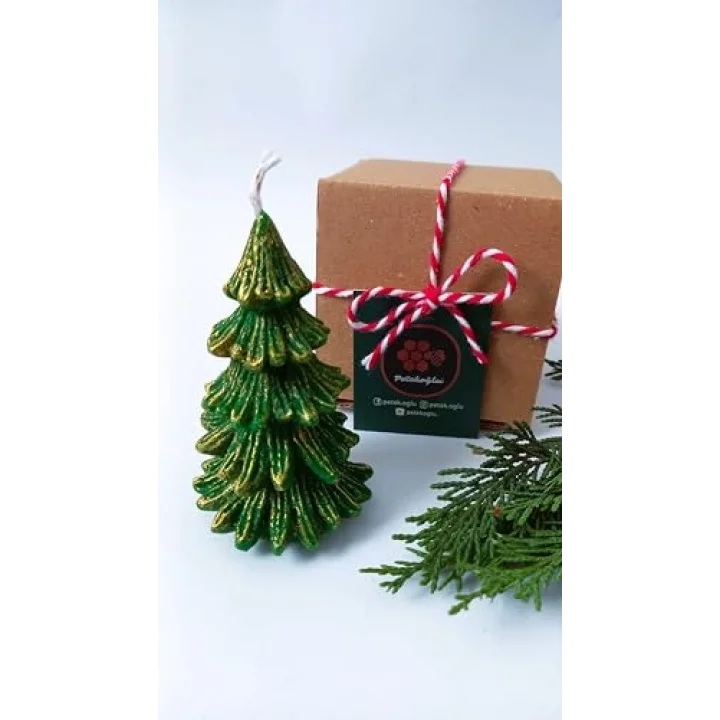 Doğal Petek Balmumu Mum Yeşil Altın Simli Çam Ağacı Boy 8.5 Cm Bal Mumu