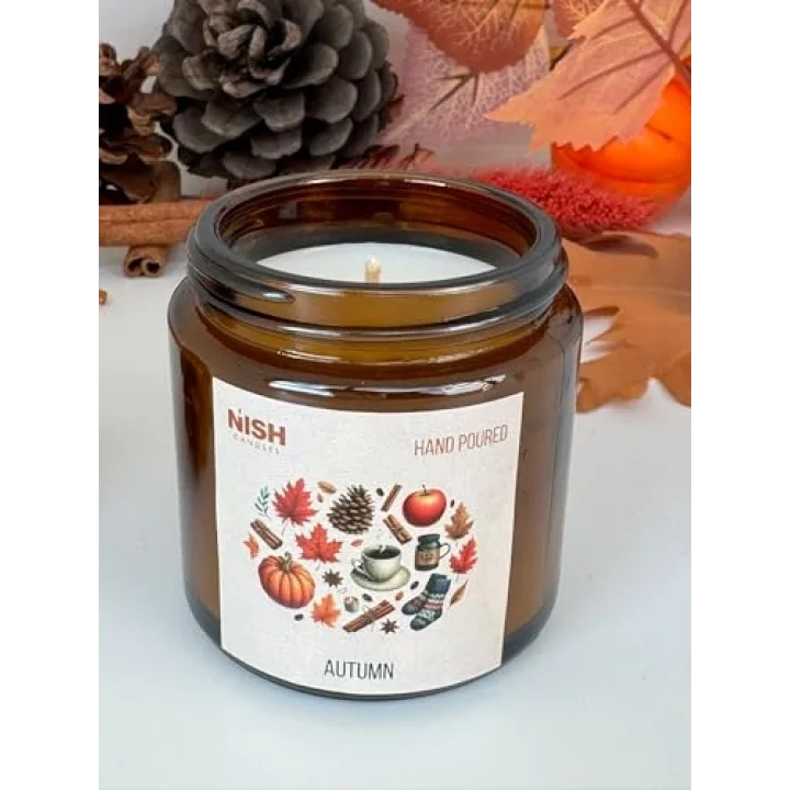Doğal Soya Mumu Sonbahar Kokulu Kapaklı Amber Cam Kavanozda