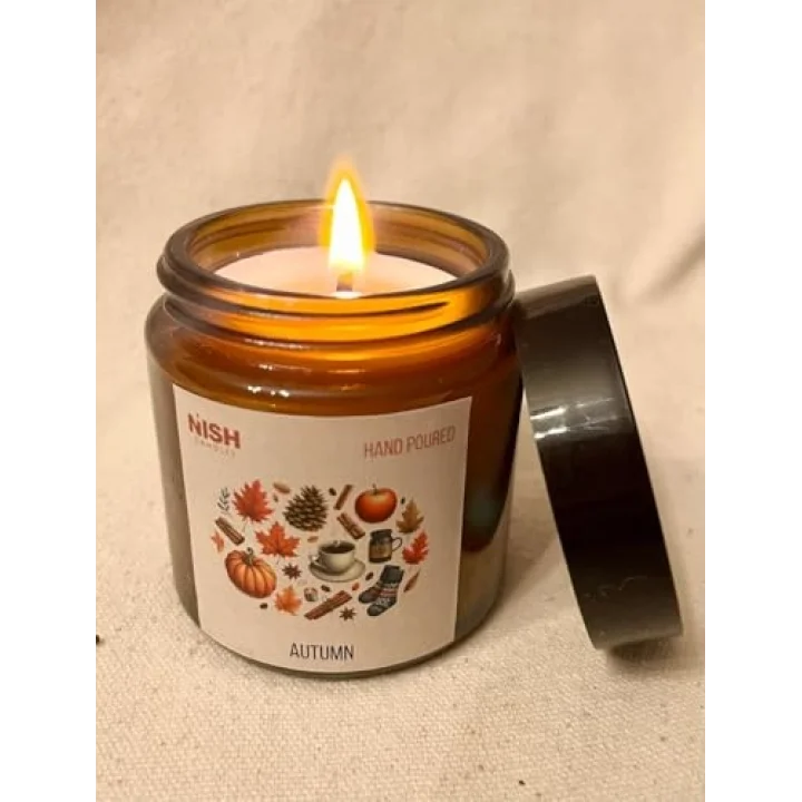 Doğal Soya Mumu Sonbahar Kokulu Kapaklı Amber Cam Kavanozda