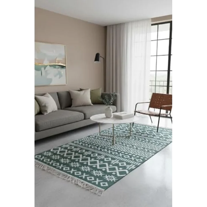 Doğal Tonlarda Modern Desenli Çift Taraflı Yıkanabilir Kilim