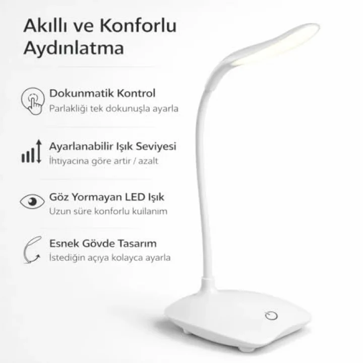 Dokunmatik LED Masa Lambası Şarjlı Ayarlanabilir Işık Göz Yormayan Esnek Gövde Modern Beyaz Masa Lambası