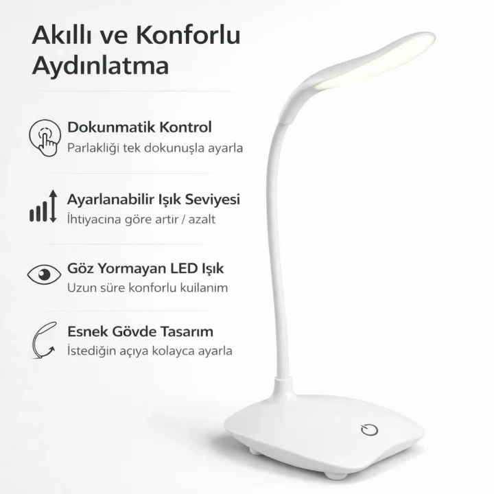 Dokunmatik LED Masa Lambası Şarjlı Ayarlanabilir Işık Göz Yormayan Esnek Gövde Modern Beyaz Masa Lambası