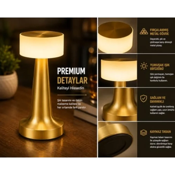 Dokunmatik Şarjlı LED Masa Lambası - 3 Kademeli Işık Ayarlı, Kablosuz Dekoratif Gece Lambası, 1800 mAh Taşınabilir, USB Şarjlı [Enerji Sınıfı A]