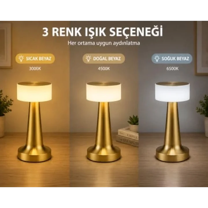 Dokunmatik Şarjlı LED Masa Lambası - 3 Kademeli Işık Ayarlı, Kablosuz Dekoratif Gece Lambası, 1800 mAh Taşınabilir, USB Şarjlı [Enerji Sınıfı A]