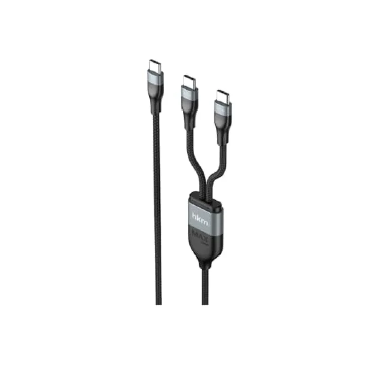 DUO POWER 100W Çift Uçlu, Type-C to Type-C + Type-C Şarj Kablosu, Örgü Tasarım, 1.2 metre, Siyah
