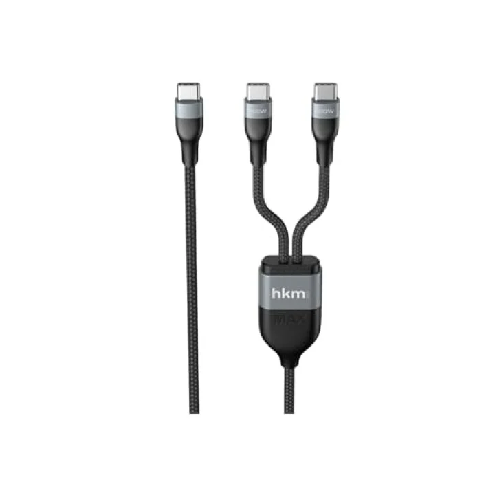DUO POWER 100W Çift Uçlu, Type-C to Type-C + Type-C Şarj Kablosu, Örgü Tasarım, 1.2 metre, Siyah