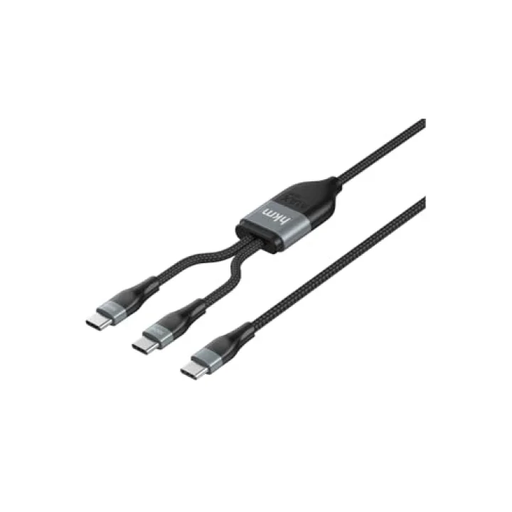 DUO POWER 100W Çift Uçlu, Type-C to Type-C + Type-C Şarj Kablosu, Örgü Tasarım, 1.2 metre, Siyah