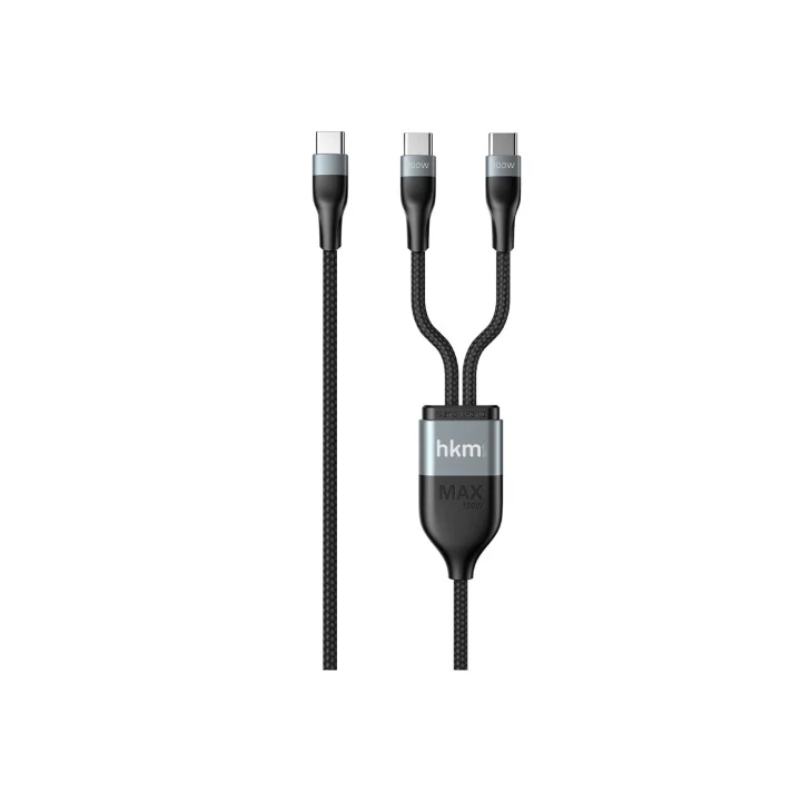 DUO POWER 100W Çift Uçlu, Type-C to Type-C + Type-C Şarj Kablosu, Örgü Tasarım, 1.2 metre, Siyah
