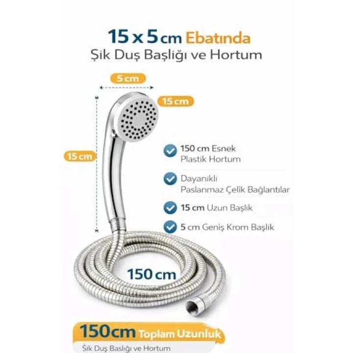 Duş Başlığı Seti 150 cm Hortumlu, 7.5 cm Başlık Çapı, 21 cm Krom Saplı El Duşu, Esnek Plastik Hortum, Paslanmaz Çelik Bağlantı, Basınç Artırıcı Duş Başlığı