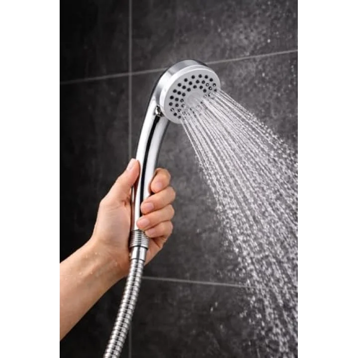 Duş Başlığı Seti 150 cm Hortumlu, 7.5 cm Başlık Çapı, 21 cm Krom Saplı El Duşu, Esnek Plastik Hortum, Paslanmaz Çelik Bağlantı, Basınç Artırıcı Duş Başlığı