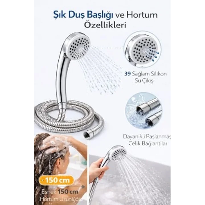 Duş Başlığı Seti 150 cm Hortumlu, 7.5 cm Başlık Çapı, 21 cm Krom Saplı El Duşu, Esnek Plastik Hortum, Paslanmaz Çelik Bağlantı, Basınç Artırıcı Duş Başlığı