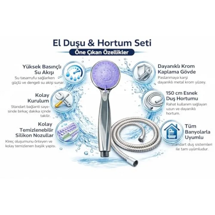 Duş Seti Ayarlanabilir El Duş Başlığı ve 150 cm Krom Duş Hortumu, Yüksek Basınçlı Su Akışı Sağlayan Çok Fonksiyonlu El Tipi Duş Başlığı, Dayanıklı Krom Spiral Hortum, Evrensel Bağlantı Uyumlu, Kolay