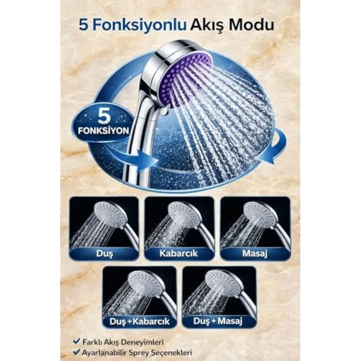 Duş Seti Ayarlanabilir El Duş Başlığı ve 150 cm Krom Duş Hortumu, Yüksek Basınçlı Su Akışı Sağlayan Çok Fonksiyonlu El Tipi Duş Başlığı, Dayanıklı Krom Spiral Hortum, Evrensel Bağlantı Uyumlu, Kolay