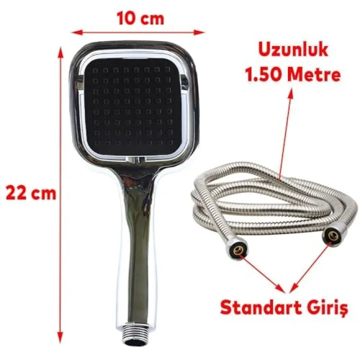 Duş Seti Banyo Duş Başlığı Seti Fiskiyesi Telefonu Kare Başlık Metal Hortum Siyah