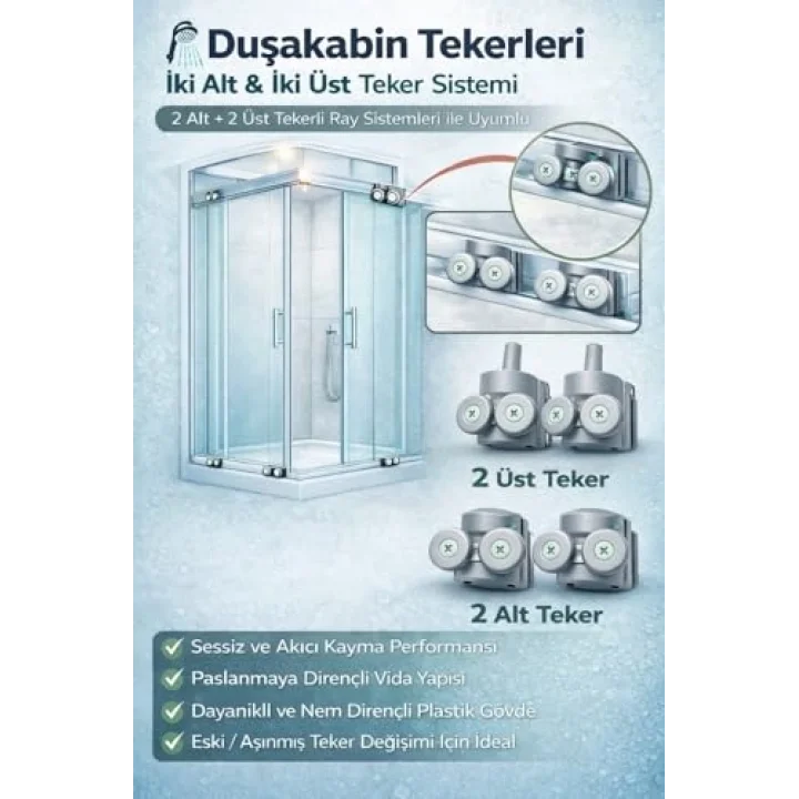 Duşakabin Tekerlek Seti 4 Adet (2 Üst + 2 Alt) 2x2 Sistem Uyumlu Kayar Cam Kapı Ray Tekerleri, Evrensel Yedek Parça, Sessiz Ve Akıcı Kayma Performansı, Paslanmaya Dayanıklı