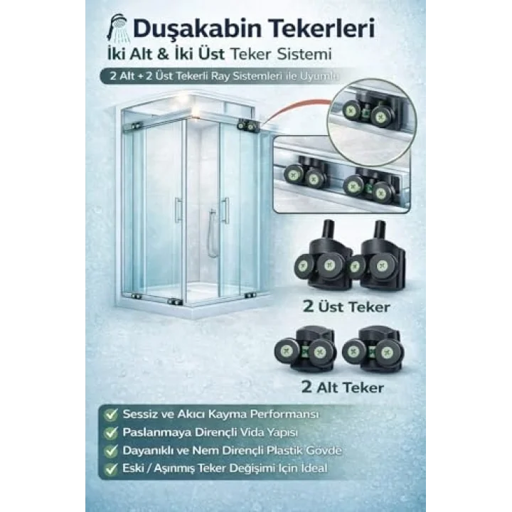 Duşakabin Tekerlek Seti 4 Adet (2 Üst + 2 Alt) 2x2 Sistem Uyumlu Kayar Cam Kapı Ray Tekerleri, Evrensel Yedek Parça, Sessiz Ve Akıcı Kayma Performansı, Paslanmaya Dayanıklı