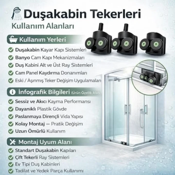 Duşakabin Tekerlek Seti 4 Adet (2 Üst + 2 Alt) 2x2 Sistem Uyumlu Kayar Cam Kapı Ray Tekerleri, Evrensel Yedek Parça, Sessiz Ve Akıcı Kayma Performansı, Paslanmaya Dayanıklı