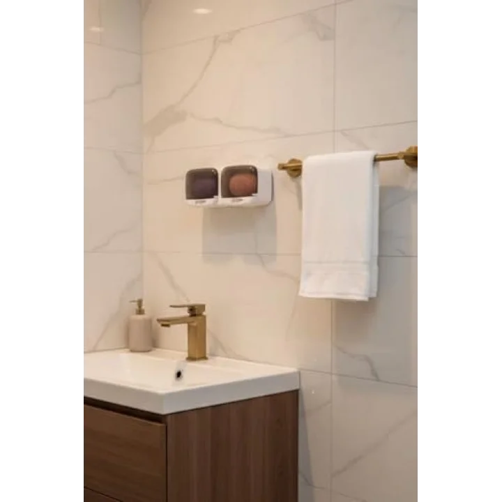 Duvara Monte İkili Kapaklı Plastik Sabunluk Organizer, Banyo ve Mutfak için Yapışkanlı Sabun Kutusu, 25.5x9.5x5 cm