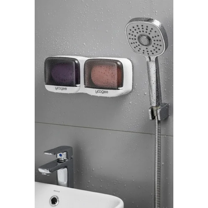 Duvara Monte İkili Kapaklı Plastik Sabunluk Organizer, Banyo ve Mutfak için Yapışkanlı Sabun Kutusu, 25.5x9.5x5 cm