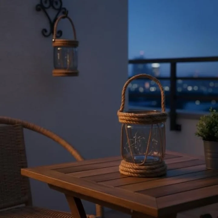 DYRIS Rustik Halatlı Cam Fener, Pilli LED Işıklı Dekoratif Kavanoz Lamba, Bahçe ve Balkon Aydınlatması, 20x10 cm