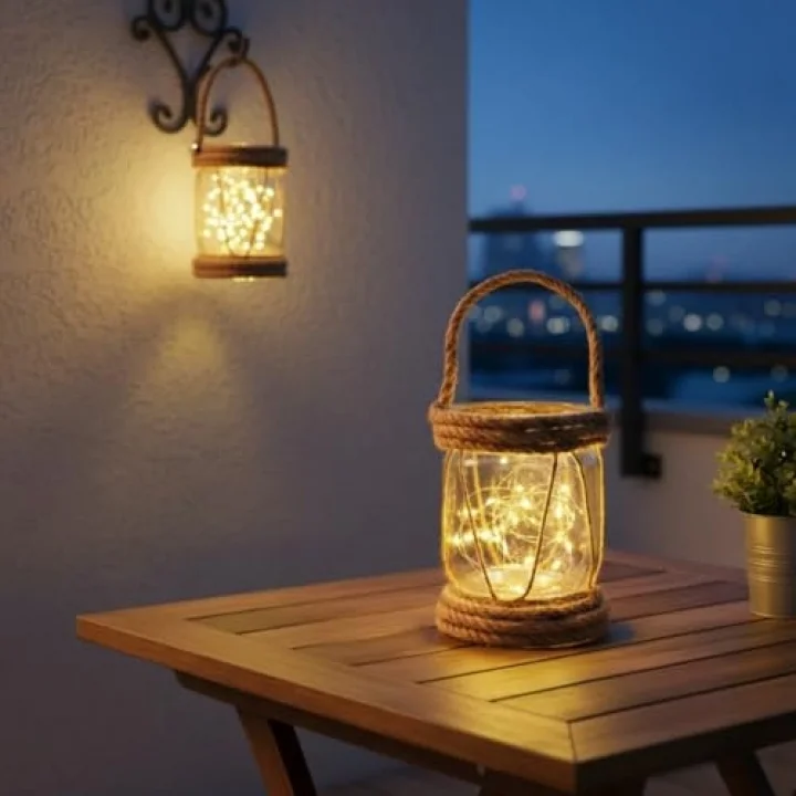 DYRIS Rustik Halatlı Cam Fener, Pilli LED Işıklı Dekoratif Kavanoz Lamba, Bahçe ve Balkon Aydınlatması, 20x10 cm