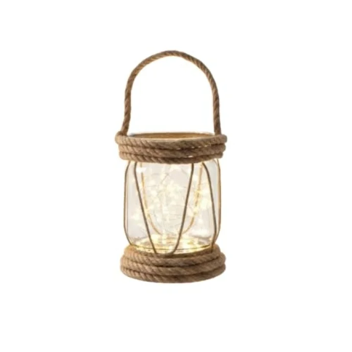 DYRIS Rustik Halatlı Cam Fener, Pilli LED Işıklı Dekoratif Kavanoz Lamba, Bahçe ve Balkon Aydınlatması, 20x10 cm