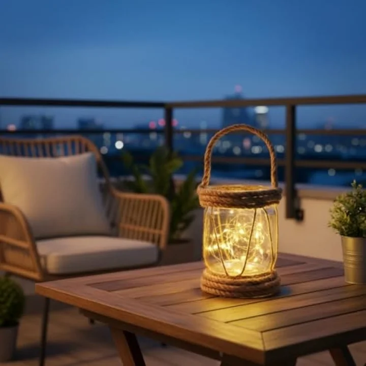 DYRIS Rustik Halatlı Cam Fener, Pilli LED Işıklı Dekoratif Kavanoz Lamba, Bahçe ve Balkon Aydınlatması, 20x10 cm