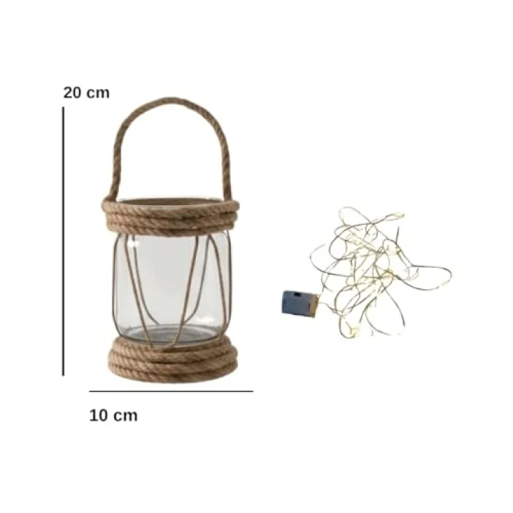 DYRIS Rustik Halatlı Cam Fener, Pilli LED Işıklı Dekoratif Kavanoz Lamba, Bahçe ve Balkon Aydınlatması, 20x10 cm