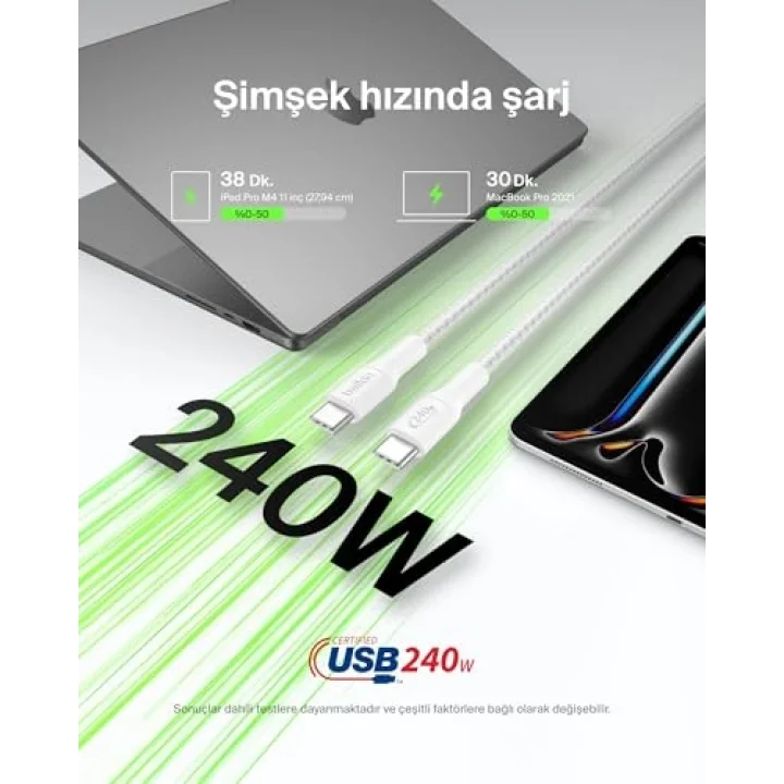 Eco Örgülü USB-C - USB-C Kablosu, 1 m, 240 W, Yumuşak, Esnek Hızlı Şarj Kablosu, iPhone 16, Galaxy S25, Pixel 9, MacBook, iPad Pro ve Daha Fazlası için Tip-C Şarj Kablosu - Beyaz (USB 2.0)
