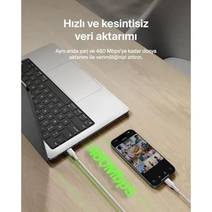 Eco Örgülü USB-C - USB-C Kablosu, 1 m, 240 W, Yumuşak, Esnek Hızlı Şarj Kablosu, iPhone 16, Galaxy S25, Pixel 9, MacBook, iPad Pro ve Daha Fazlası için Tip-C Şarj Kablosu - Beyaz (USB 2.0)