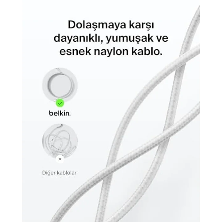 Eco Örgülü USB-C - USB-C Kablosu, 1 m, 240 W, Yumuşak, Esnek Hızlı Şarj Kablosu, iPhone 16, Galaxy S25, Pixel 9, MacBook, iPad Pro ve Daha Fazlası için Tip-C Şarj Kablosu - Beyaz (USB 2.0)