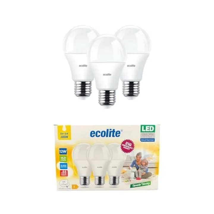 Ecolite 12W LED Ampul 3lü Paket – 1521 Lümen, 100W Eşdeğer, E27 Duy, 3000K Sarı Işık, Opal Cam,%88 Enerji Tasarrufu, 15000 Saat Ömür