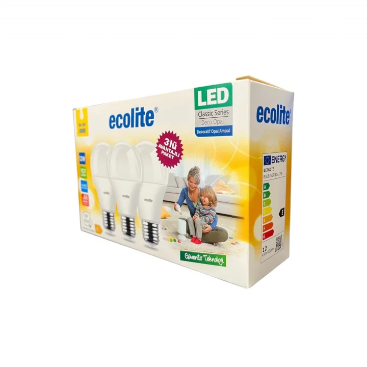 Ecolite 12W LED Ampul 3lü Paket – 1521 Lümen, 100W Eşdeğer, E27 Duy, 3000K Sarı Işık, Opal Cam,%88 Enerji Tasarrufu, 15000 Saat Ömür