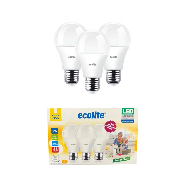 Ecolite 12W LED Ampul 3lü Paket – 1521 Lümen, 100W Eşdeğer, E27 Duy, 3000K Sarı Işık, Opal Cam,%88 Enerji Tasarrufu, 15000 Saat Ömür