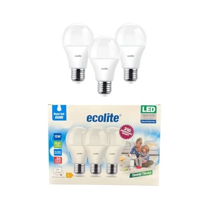 Ecolite 12W LED Ampul 3’lü Paket | 1521 Lümen, 6500K Beyaz Işık, 100W Eşdeğer, E27 Duy, Enerji Tasarruflu, 220V, Dim Edilemez
