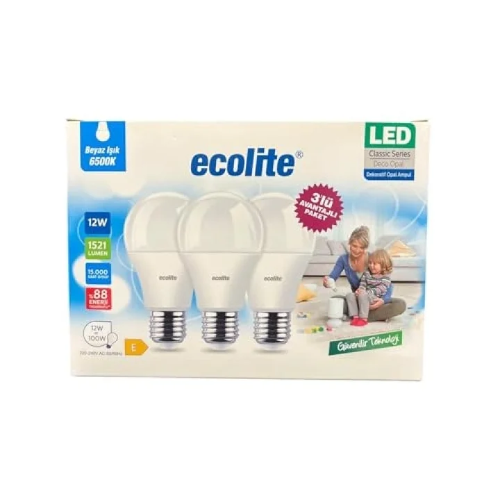 Ecolite 12W LED Ampul 3’lü Paket | 1521 Lümen, 6500K Beyaz Işık, 100W Eşdeğer, E27 Duy, Enerji Tasarruflu, 220V, Dim Edilemez