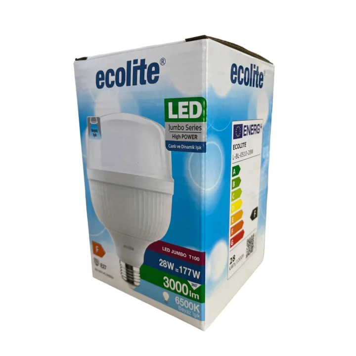 Ecolite 28W Jumbo LED Ampul (177W Eşdeğer) | 6500K Beyaz Işık | 3000 Lümen | E27 Duylu | Enerji Tasarruflu ve Uzun Ömürlü